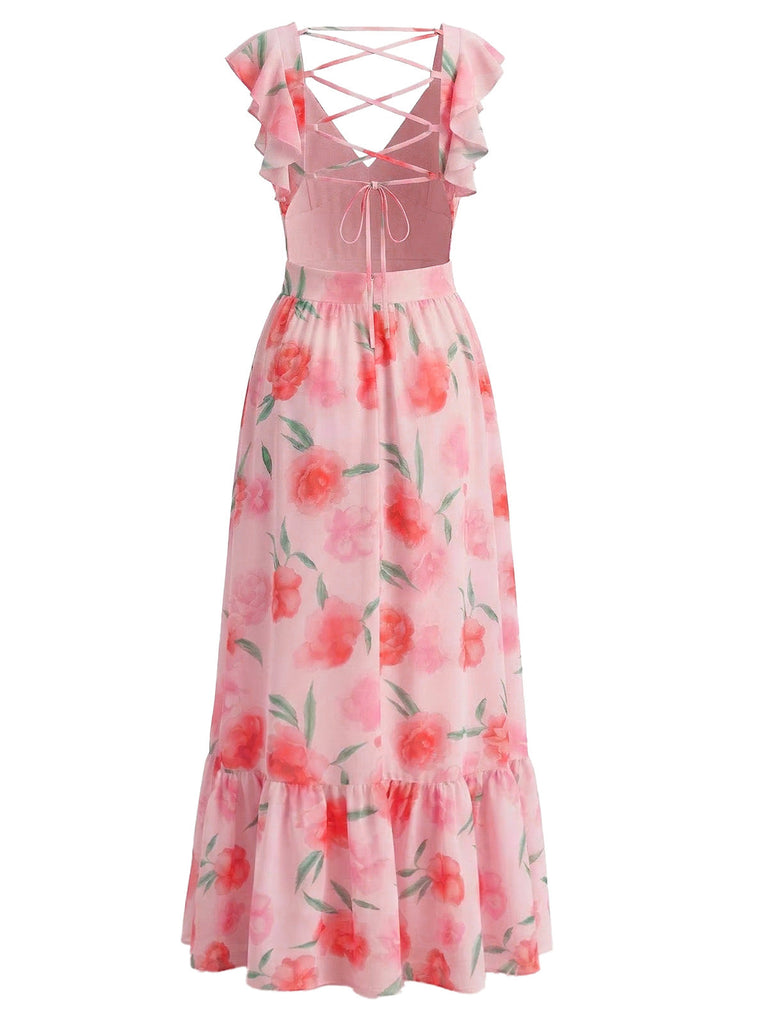 Pink 1930s Floral Chiffon Deep V Backless Maxi Dress - vintage dress, retro fashion