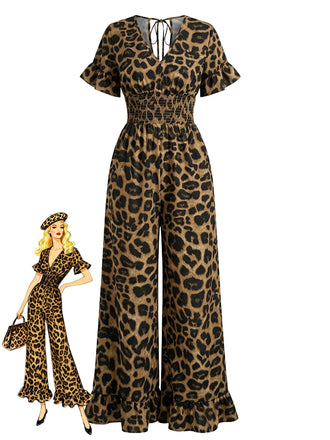 Brown 1930s Leopard Ruffled V-Neck Empire Waist Jumpsuit - vintage jumpsuit, retro fashion