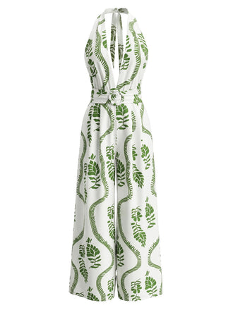 Green 1930s Leaf Halter Deep V Backless Jumpsuit
