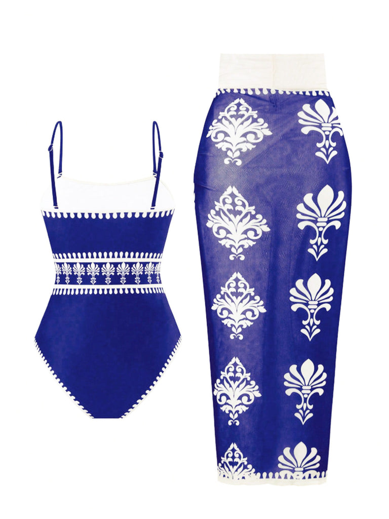 Bohème Florale Imprimé One-Pièce Maillot de Bain & Cache Maillot Années 1970 2