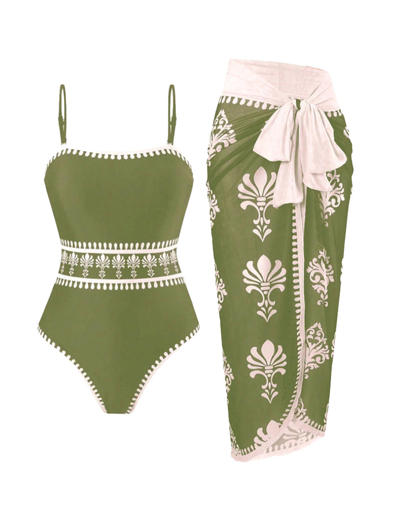 Bohème Florale Imprimé One-Pièce Maillot de Bain & Cache Maillot Années 1970 8