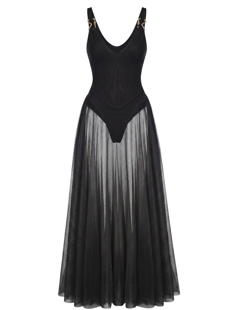 Robe Longue Fluide en Maille à Bretelles Col V Années 1930