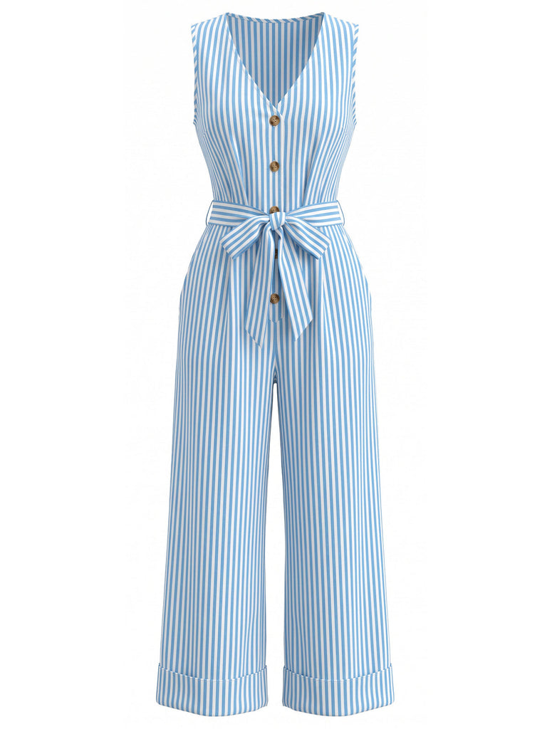 Combinaison Sans Manches Col V Rayures Verticales avec Ceinture Bleu Années 30
