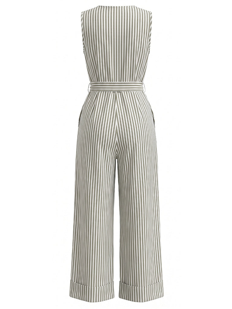 Combinaison Sans Manches Col V Rayures Verticales avec Ceinture Bleu Années 30