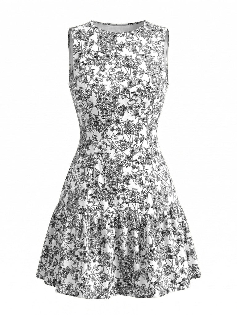 Robe en A Sans Manches Col Rond Petites Fleurs Années 1950 4