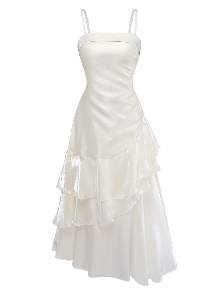 Robe Froncée à Bretelles Fines en Satin à Volants Étagés Blanche Années 1940