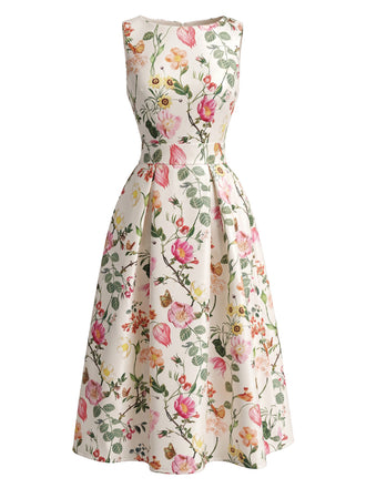 Robe en A Florale Col Bateau Sans Manches Imprimée Années 1940 3
