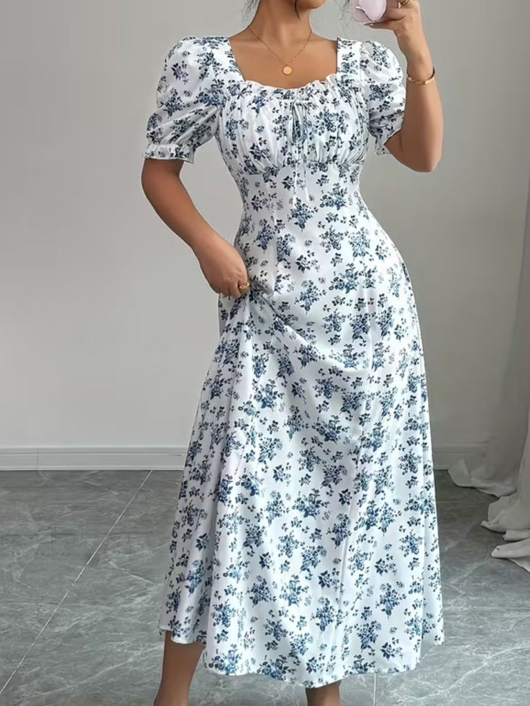 Florale Manches Bouffantes Midi Robe Années 1940 3