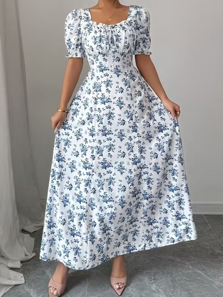 Florale Manches Bouffantes Midi Robe Années 1940 5