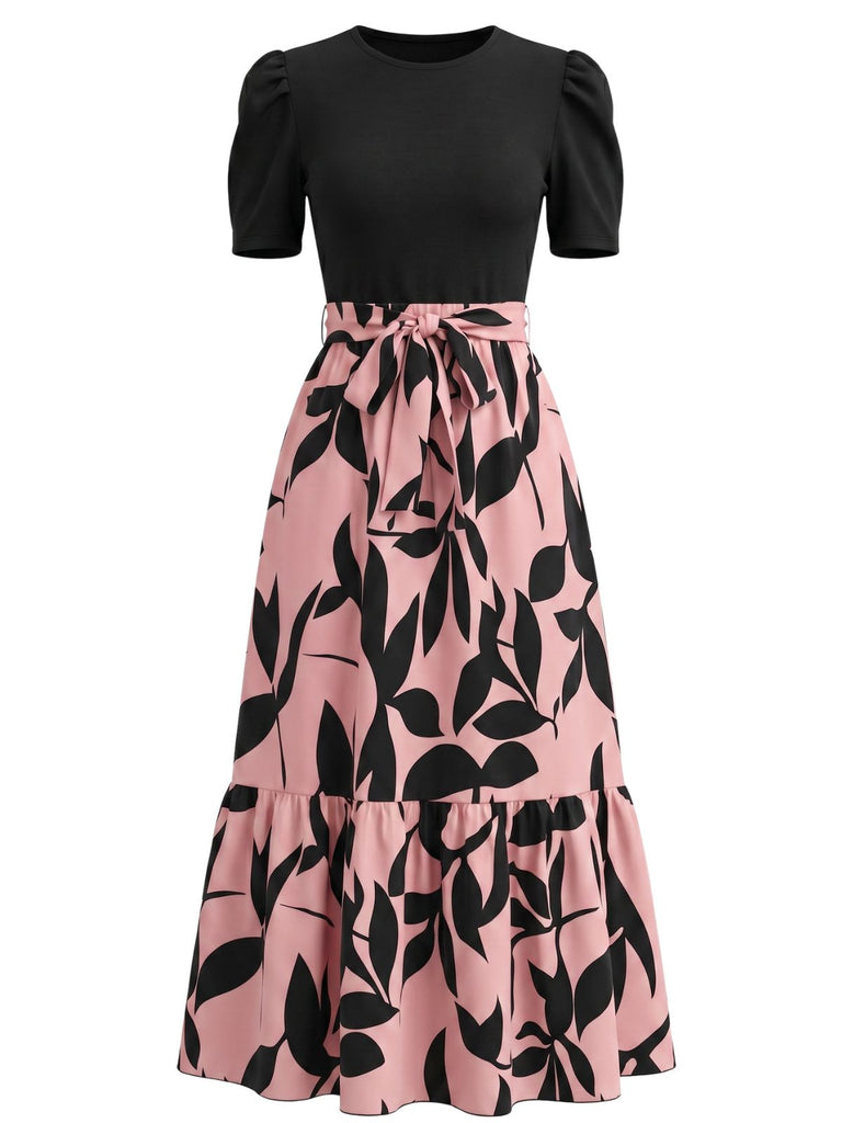 Florale Col Rond Ceinturée Robe Années 1940 4