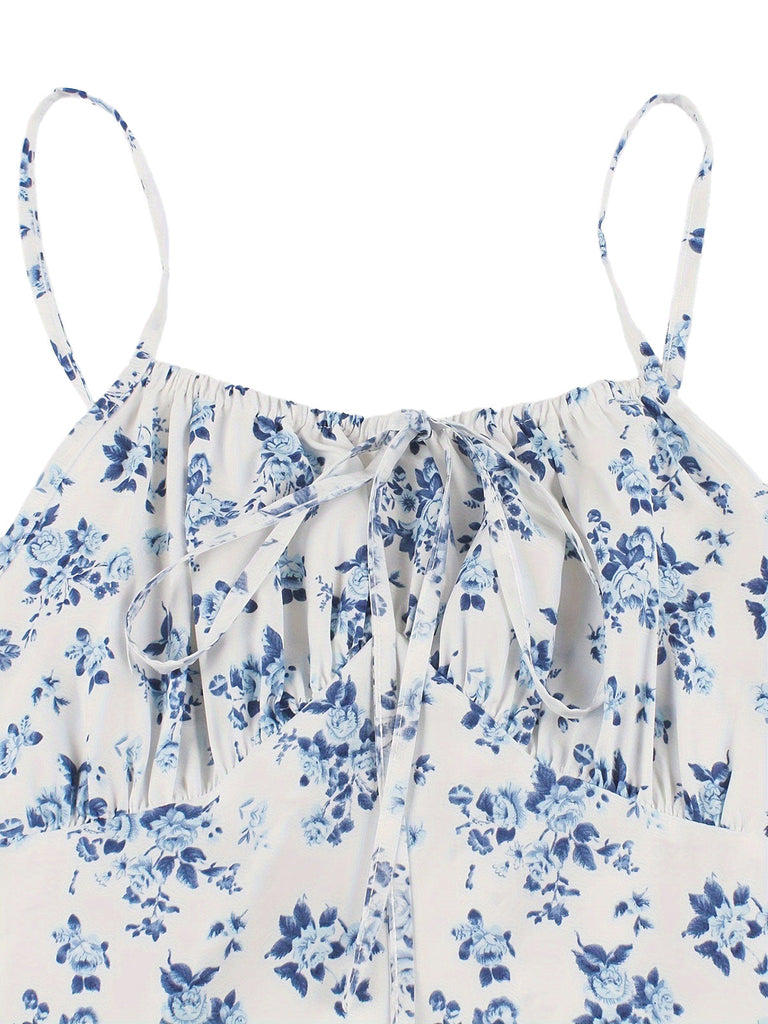 Robe Évasée Florale Sans Manches Bretelles Fines Années 1940 4