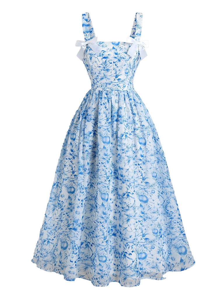 Robe Évasée Col Carré Nuit Étoilée à Nœud Bleue Années 1940 4