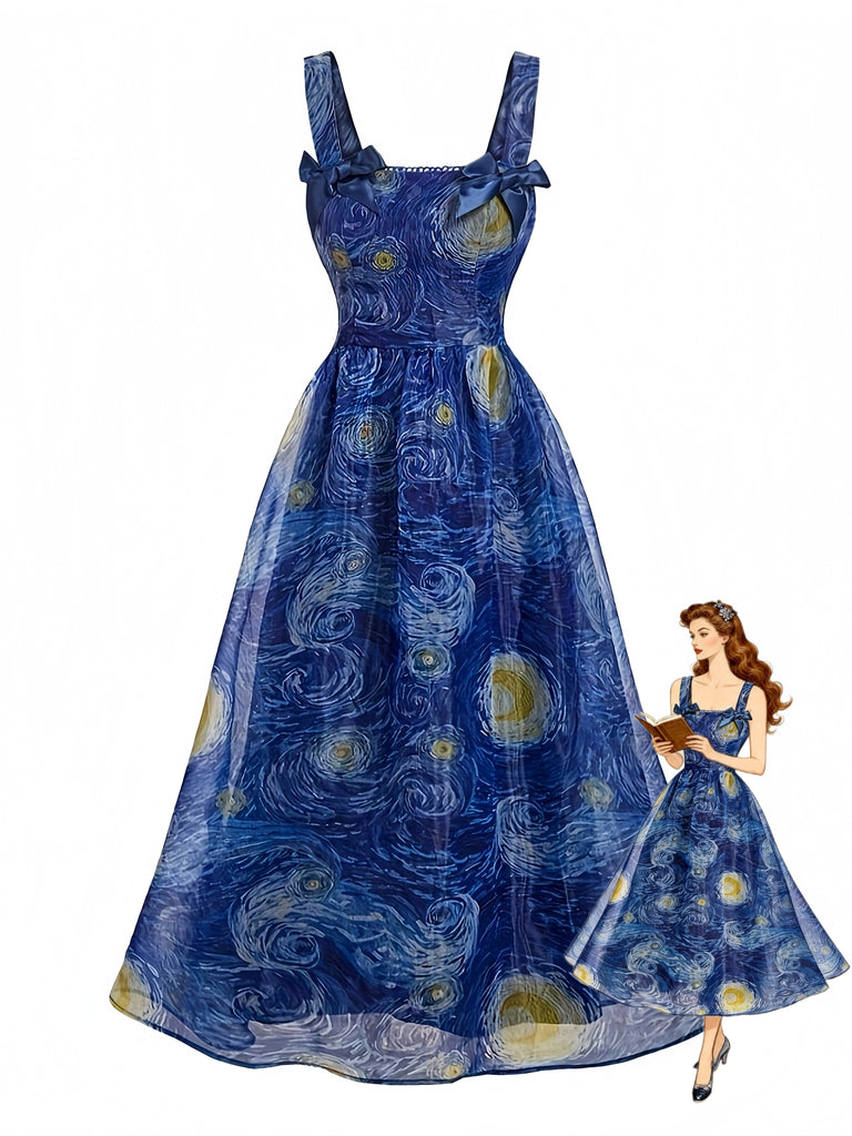 Robe Évasée Col Carré Nuit Étoilée à Nœud Bleue Années 1940