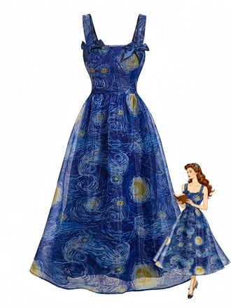 Robe Évasée Col Carré Nuit Étoilée à Nœud Bleue Années 1940