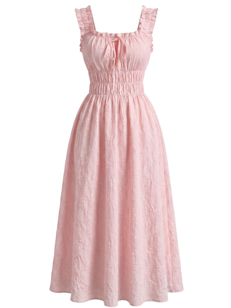 Col Carré Texturé Smoked Waist à Volants Bride Robe Années 1940 2