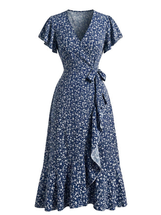 Robe Sirène Col V à Petites Fleurs Orange Années 40