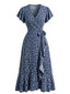 Robe sirène bleue col V et motif floral délicat années 40