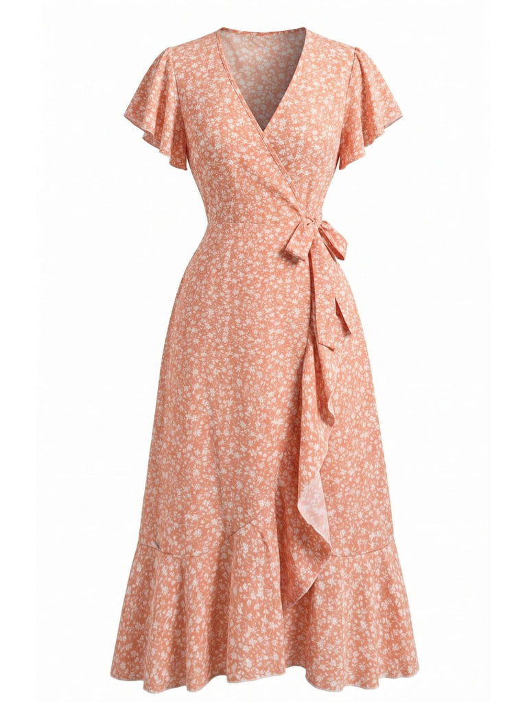 Robe Sirène Col V à Petites Fleurs Orange Années 40