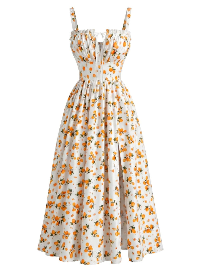 Robe Midi Ligne A Fendue Froncée à Nœud Floral Fruité Années 40