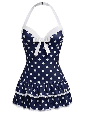 Maillot de bain une pièce bleu à pois et nœud années 1940