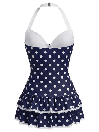 Maillot de bain une pièce bleu à pois et nœud années 1940