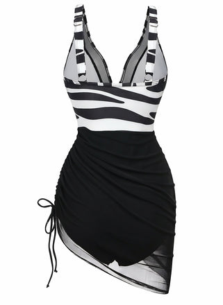 Maillot de Bain Une Pièce Zèbre Filet Imprimé Noir et Blanc Années 1940 2
