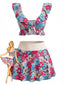 Ensemble tankini multicolore motif floral volants et décolleté cœur années 1940