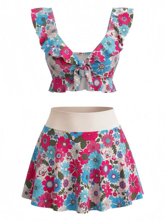 Ensemble Tankini Col Cœur à Volants Floral Multicolore Années 1940