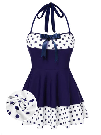 [Prévente] Maillot de Bain à Jupe Halter à Pois Patchwork Rouge Années 1940 2