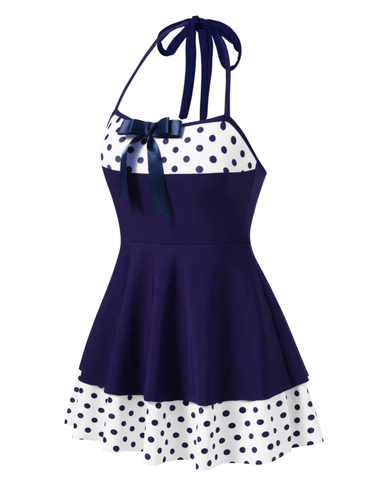 [Prévente] Maillot de Bain à Jupe Halter à Pois Patchwork Rouge Années 1940 4