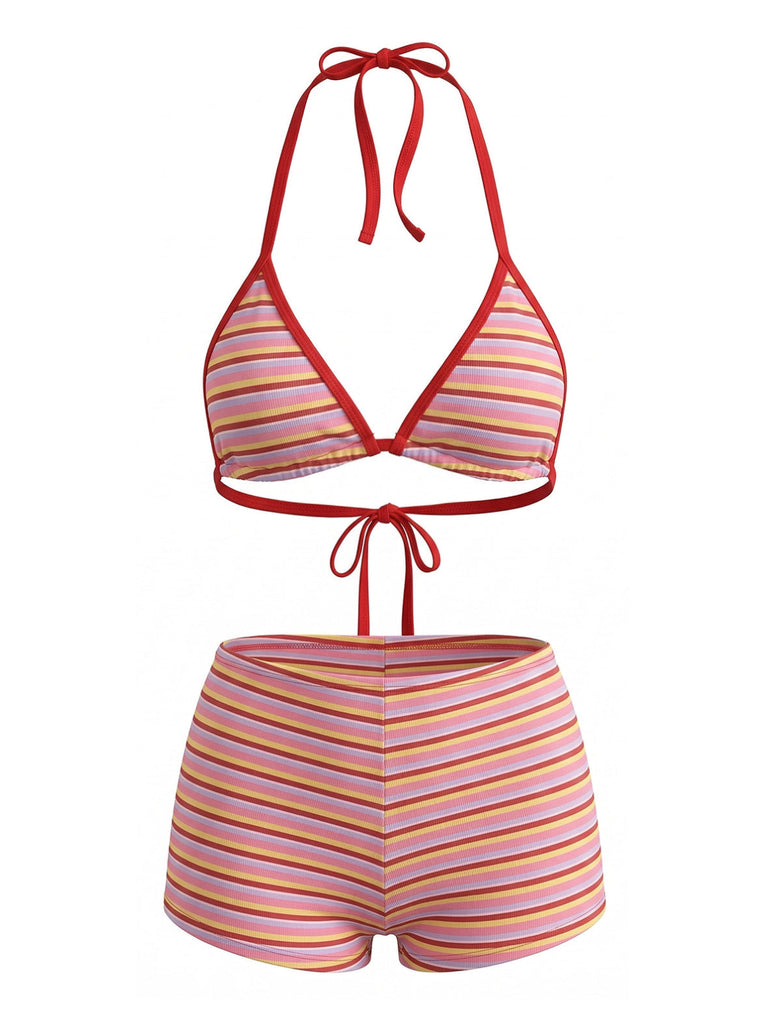 Ensemble Bikini Triangle Côtelé Dos-Nu Rayé Rouge Années 1940