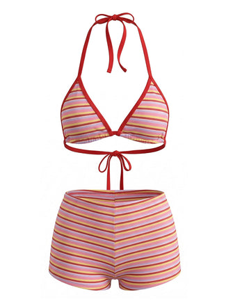 Ensemble Bikini Triangle Côtelé Dos-Nu Rayé Rouge Années 1940