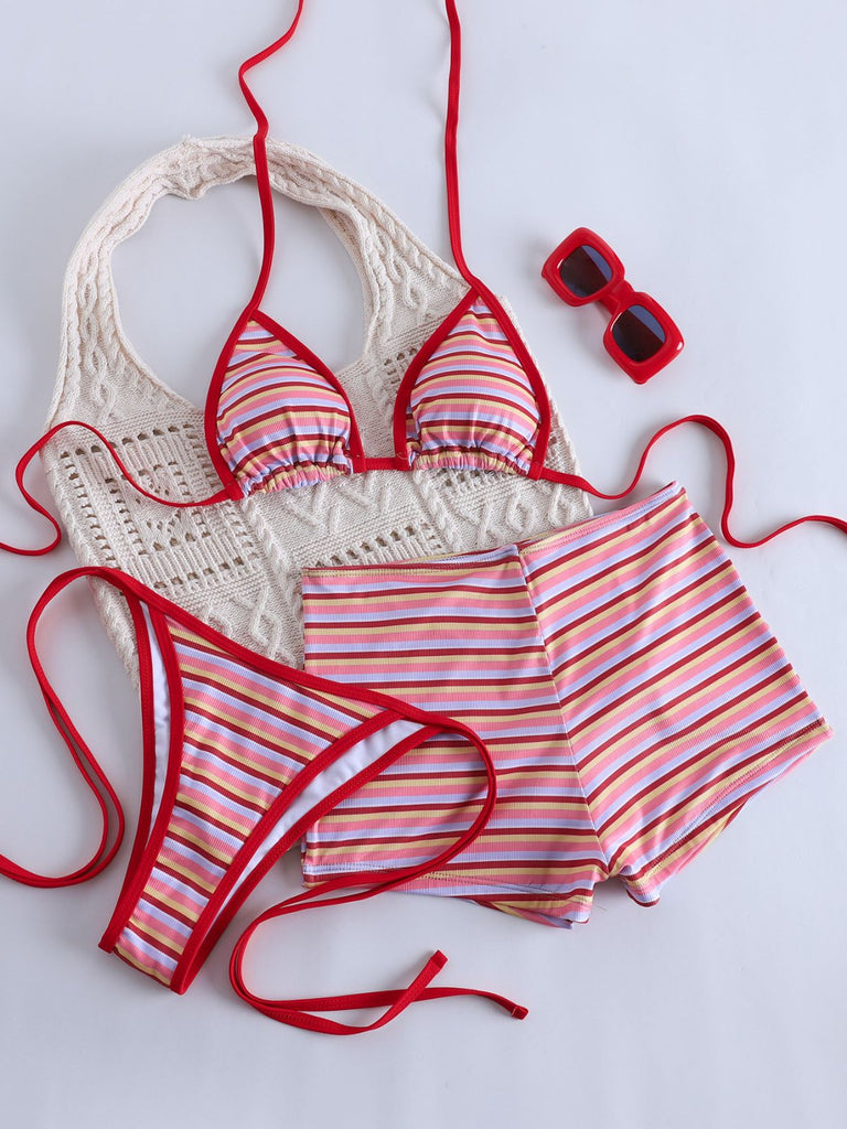 Ensemble Bikini Triangle Côtelé Dos-Nu Rayé Rouge Années 1940