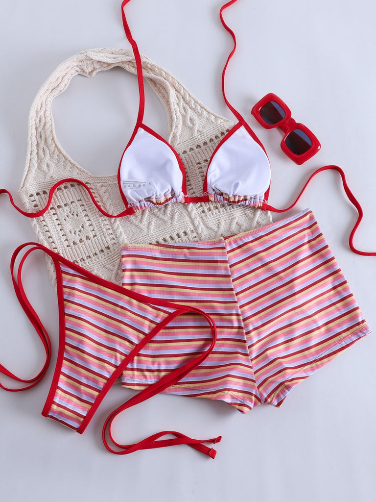 Ensemble Bikini Triangle Côtelé Dos-Nu Rayé Rouge Années 1940