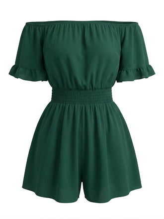 1940s Solid Off Shoulder Ruffle Sleeve Smocked Waist Romper - vintage jumpsuit, retro fashion