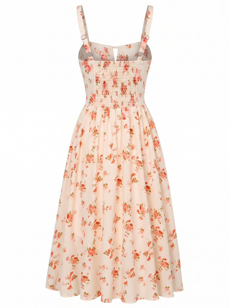 Florale Noué Devant Col Carré Midi Robe Années 1940 3