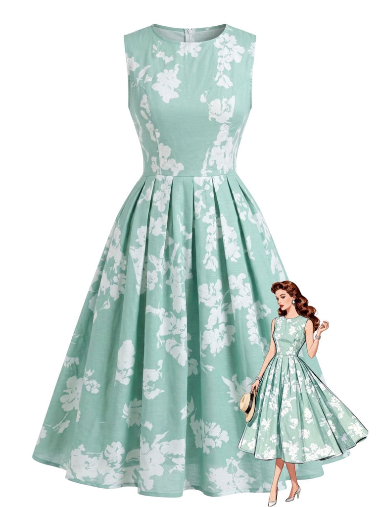 Robe Plissée Sans Manches à Ligne A Floral Années 40