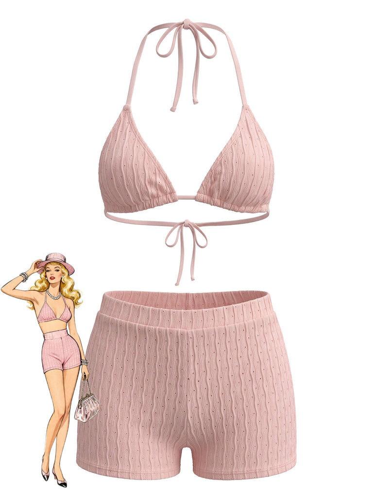 Ensemble Bikini Texturé Halter Uni Triangle Années 1940