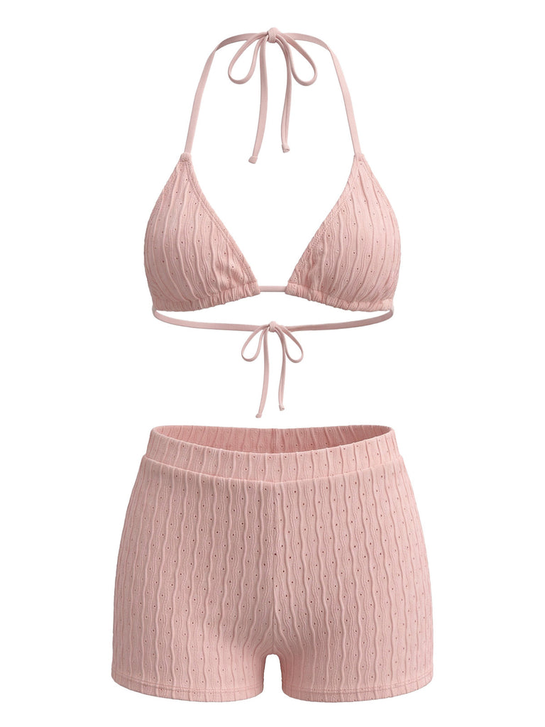 Ensemble Bikini Texturé Halter Uni Triangle Années 1940 2