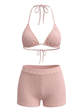 Ensemble Bikini Texturé Halter Uni Triangle Années 1940 2