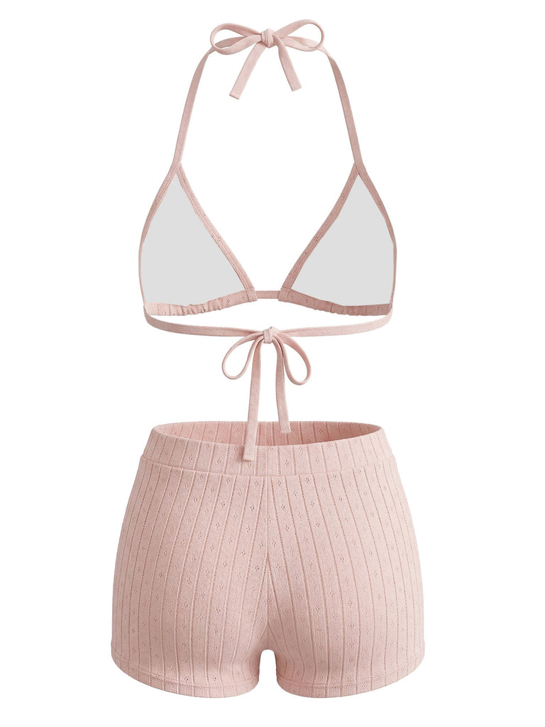 Ensemble Bikini Texturé Halter Uni Triangle Années 1940 3