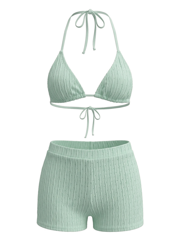 Ensemble Bikini Texturé Halter Uni Triangle Années 1940 6