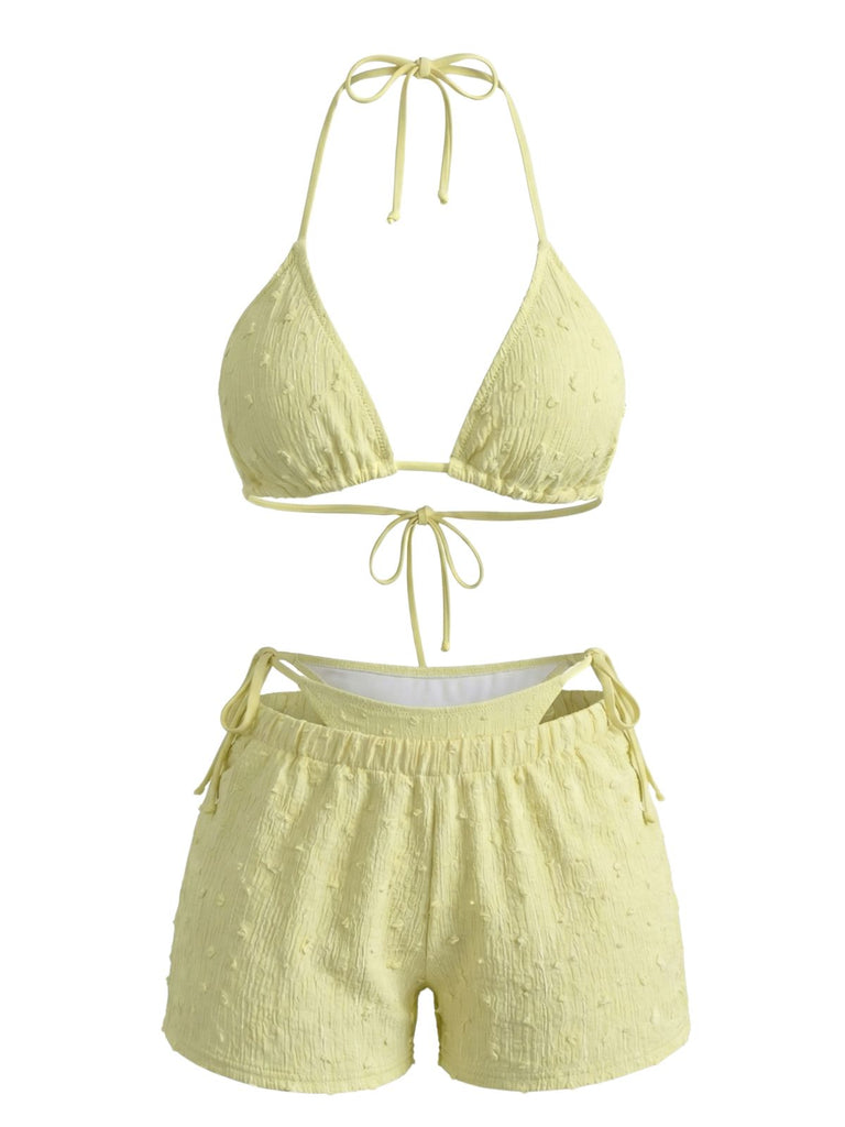 Ensemble 3 Pièces Bikini Dos-Nu Texturé & Short Jaune Années 1950