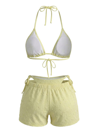 Ensemble 3 Pièces Bikini Dos-Nu Texturé & Short Jaune Années 1950