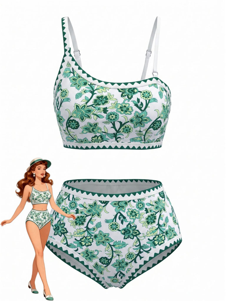 Ensemble Bikini Floral Botanique Asymétrique Taille Haute Années 1950