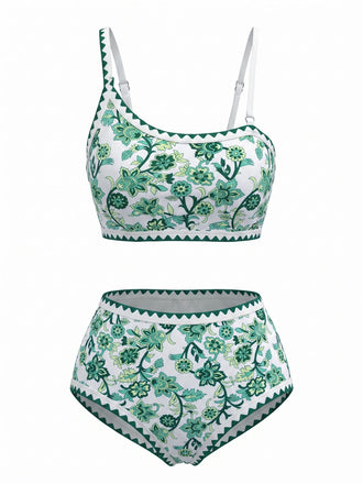 Ensemble Bikini Floral Botanique Asymétrique Taille Haute Années 1950 2