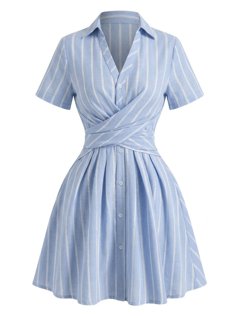 Blue 1950s Vertical Striped Johnny Collar Criss-Cross Dress - vintage dress, retro fashion, rockabilly