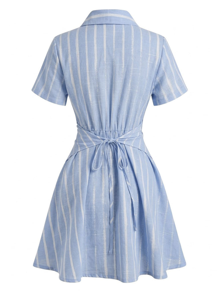 Blue 1950s Vertical Striped Johnny Collar Criss-Cross Dress - vintage dress, retro fashion, rockabilly