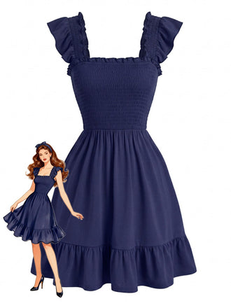 Robe Smockée Col Carré à Manches à Volants Années 1950