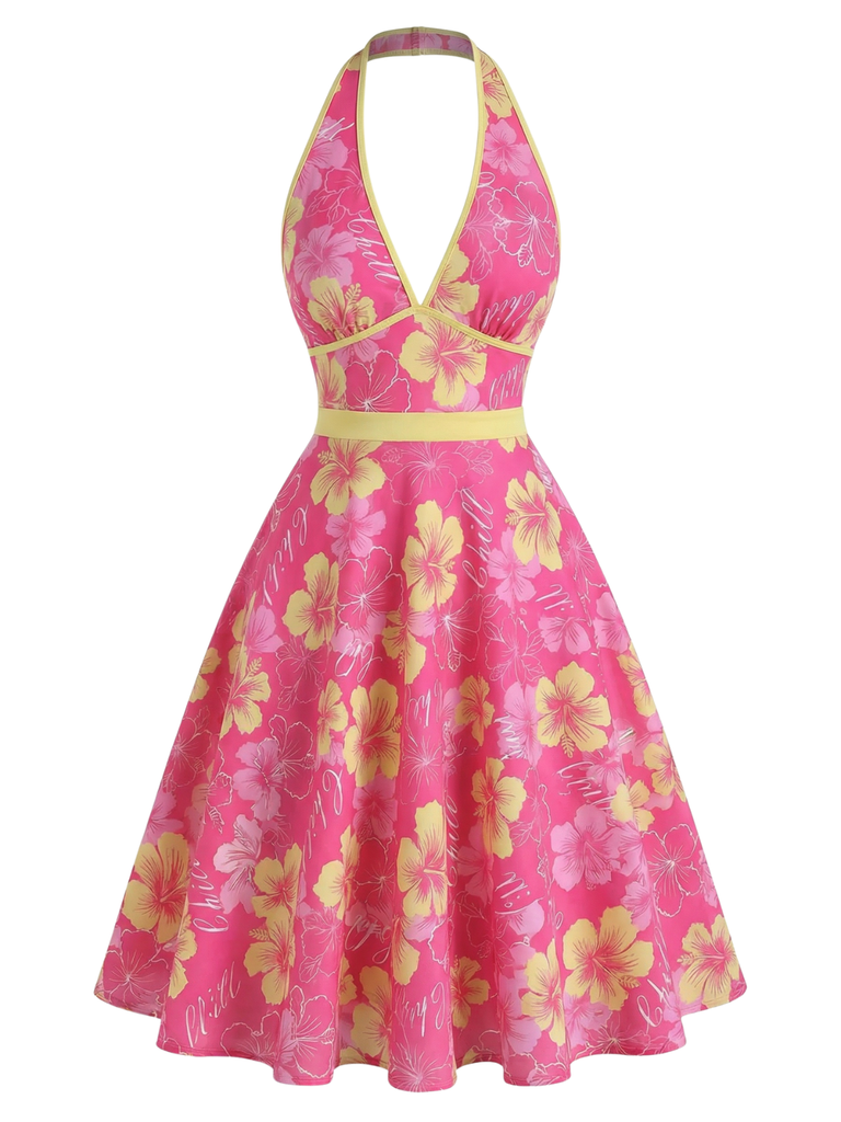 Robe rose poudré à fleurs col en V années 50